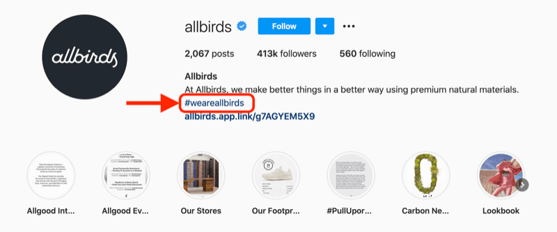 az @allbirds instagram fiók profilleírásában szereplő céges hashtag példa