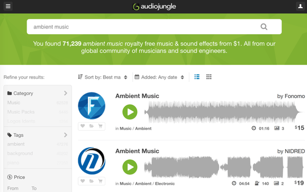 Keressen az AudioJungle robusztus, jogdíjmentes zenei és hangsávos könyvtárában, 1 dollárért.