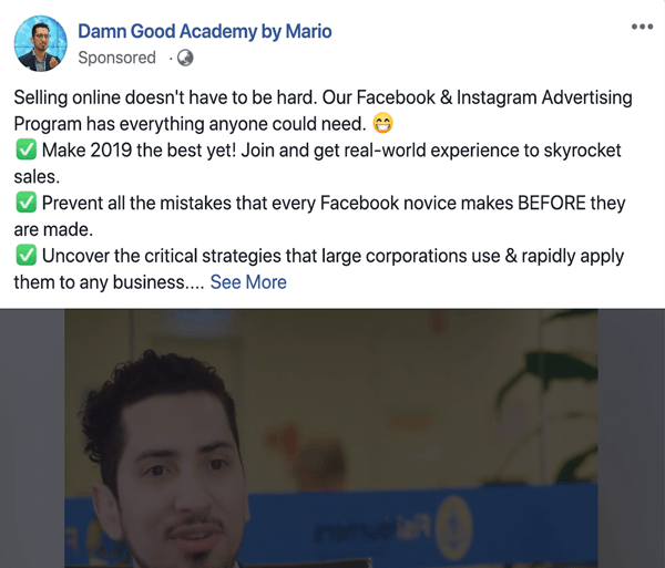 Hosszabb formájú szöveges Facebook-alapú bejegyzések írása és strukturálása, 1. típusú probléma és megoldás, például a Damn Good Academy, Mario