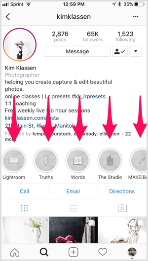 Az Instagram márkajelzései Kim Klassen profilján.
