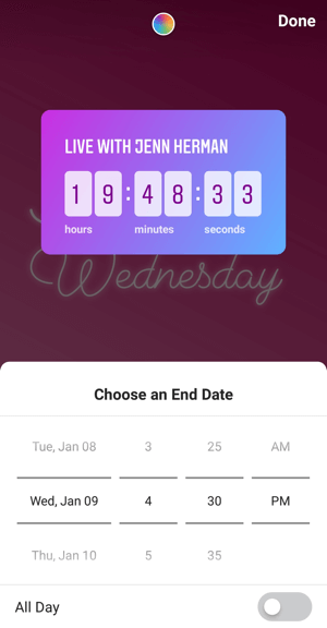 Az Instagram Countdown matrica üzleti célú felhasználása, 4. lépés visszaszámlálás befejezési ideje.