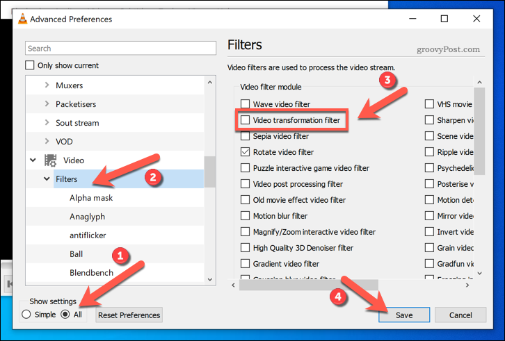 Videotranszformációs szűrők engedélyezése a VLC-ben Windows rendszeren