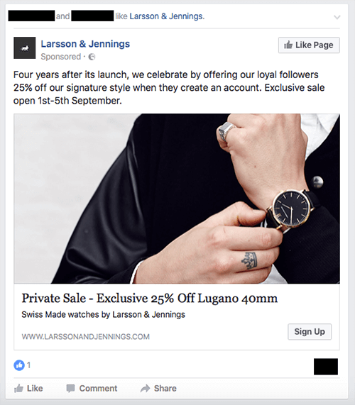 A Larsson & Jennings karóra márka exkluzív eladásának hirdetése.