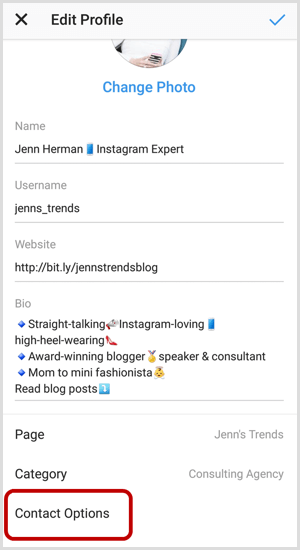 Kapcsolattartási lehetőségek az Instagram Profil szerkesztése képernyőn