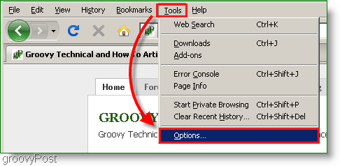 Képernyőkép: Firefox eszközök, Beállítások menü