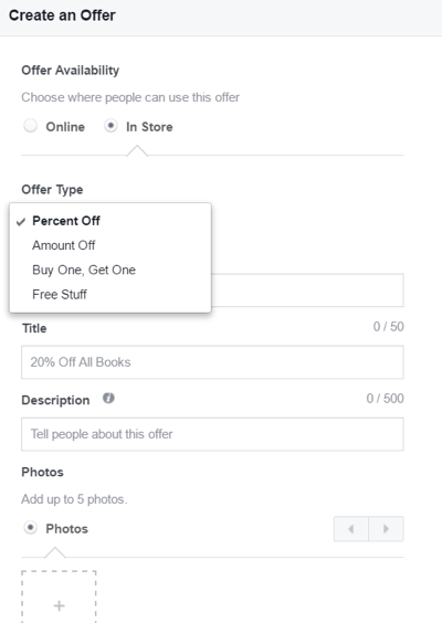 A Facebook-ajánlat létrehozásakor elérhető beállítások.