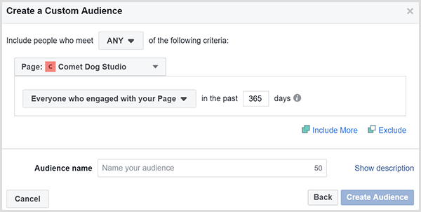 A Facebook egyéni közönség létrehozása párbeszédpanel lehetővé teszi olyan hirdetések célzását, akik egy bizonyos időkereten belül foglalkoztak a webhelyével.