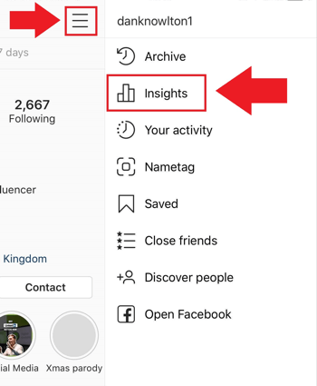 Közösségi média marketing stratégia; Pillanatkép arról, hogy hol érhető el az Instagram Insights az Instagram alkalmazásban.