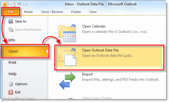 nyissa meg az mappát, amely tartalmazza az archív pst fájlt az Outlook 2010 alkalmazásból