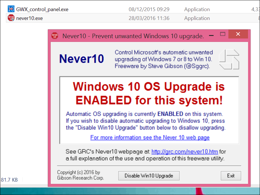 Állítsa le a Windows 10 frissítést a Never 10 verzióval vagy a GWX App használatával