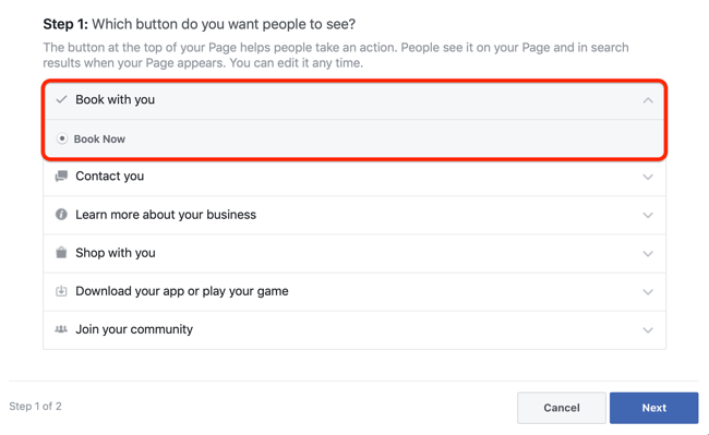 1. lépés arról, hogyan adhat hozzá egyeztetési CTA-t a Facebook oldalához