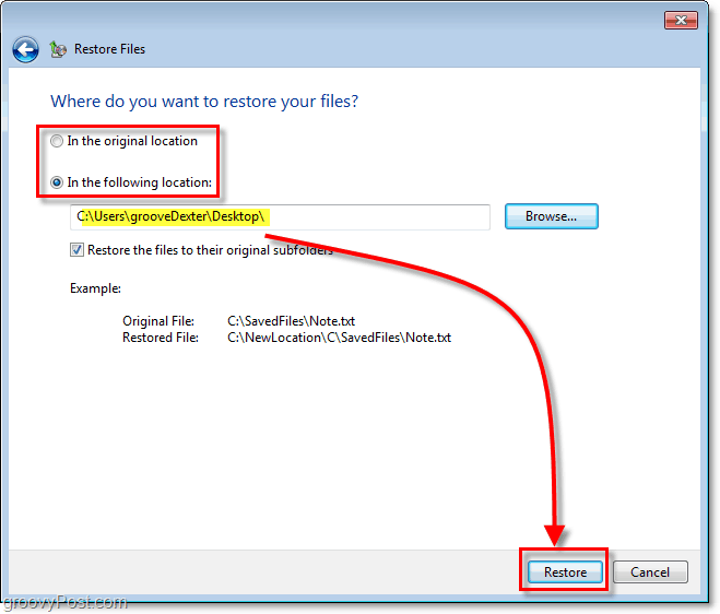 Windows 7 biztonsági másolat - válassza ki a helyreállított fájlok rendeltetési helyét