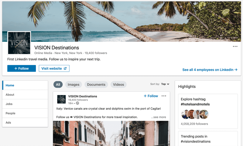 LinkedIn cégoldal a VISION Destinations számára