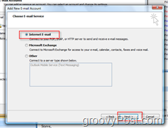 Hozzon létre új e-mail fiókot az Outlook 2007 programban: Internet e-mail rádió gomb