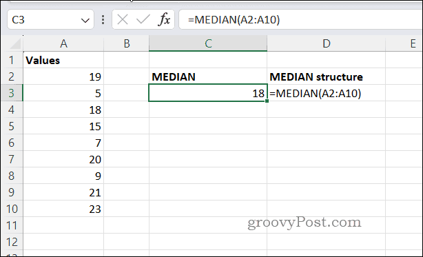 Példa MEDIAN eredményre Excelben