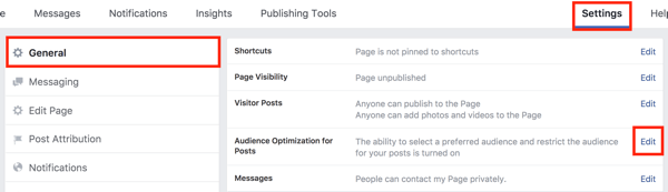 A Facebook-oldal beállításainál kattintson a Szerkesztés gombra a Közönségoptimalizálás bejegyzésekhez opciótól jobbra.