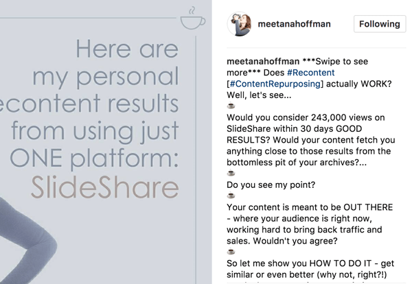 Az Instagram-albumod feliratában csatolj egy kijelentést, amely csúsztatva csúsztathatod a többet, hogy a közönség ne maradjon le.