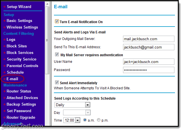 e-mail értesítések a blokkoldalakról a netgearban
