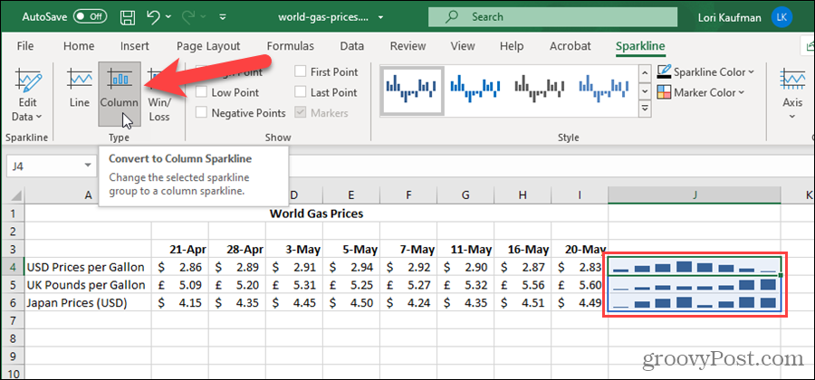 Sparkline Type módosítása az Excelben