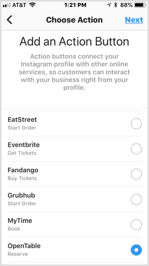 Instagram Műveletgomb képernyő hozzáadása harmadik fél szolgáltatásaihoz