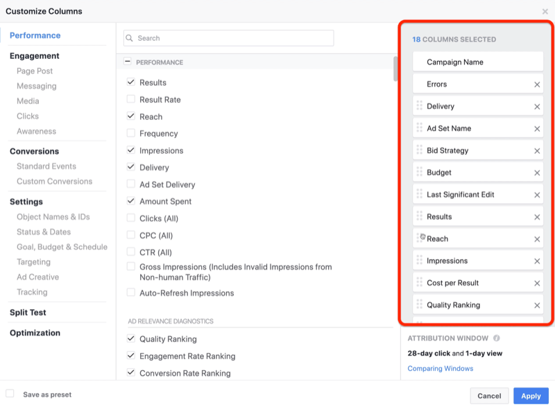 hozzon létre ROI pillanatkép egyéni jelentést a Facebook Ads Manager alkalmazásban, 1. lépés