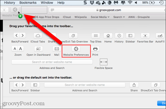 Adja hozzá a Webhely-beállítások gombot a Safari for Mac eszközsorához