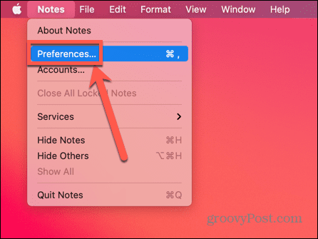 válassza a Beállítások lehetőséget a Notes alkalmazásban Macen