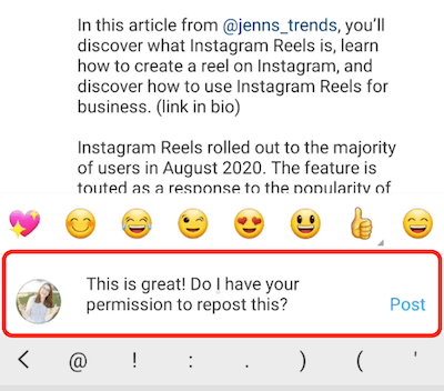 instagram post példa hozzászólás válasz bókol, és engedélyt kér a tartalom újbóli közzétételéhez