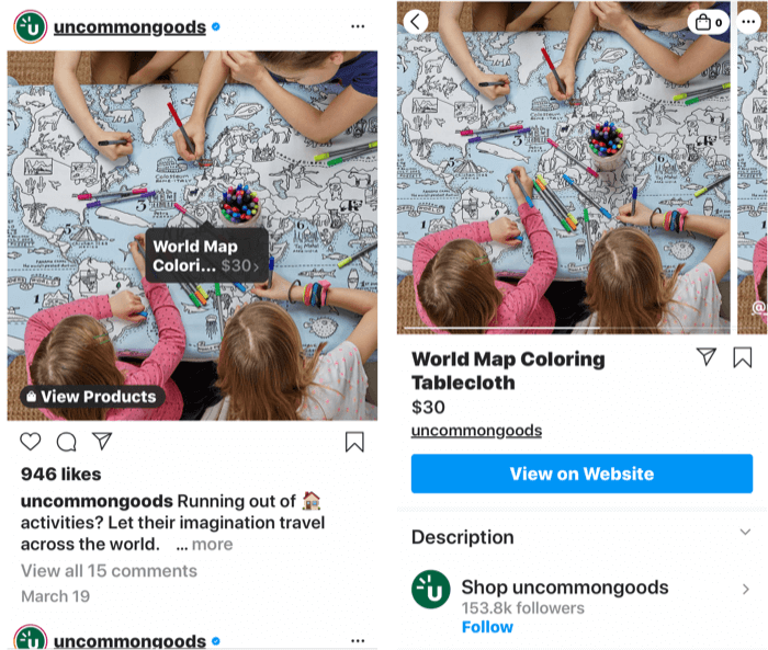 képernyőképek egy vásárolható termékbejegyzéshez hozzáadott instagram címkével, valamint a termék bolt oldalán, ha be van jelölve egy címke