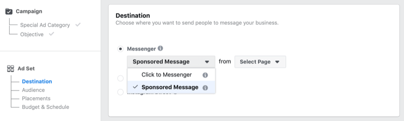 Facebook szponzorált üzenet opció a Facebook Ads Manager alkalmazásban
