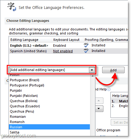 adjon hozzá további irodai 2010 nyelveket