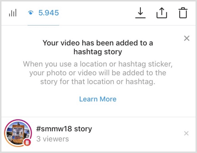 Az Instagram értesítést küld, ha a tartalma hozzáadódik a hashtag-történethez.