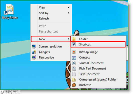 Windows 7 Új parancsikon létrehozása: Képernyőkép