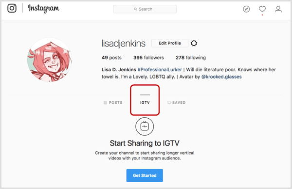 IGTV fül az Instagram profilján.