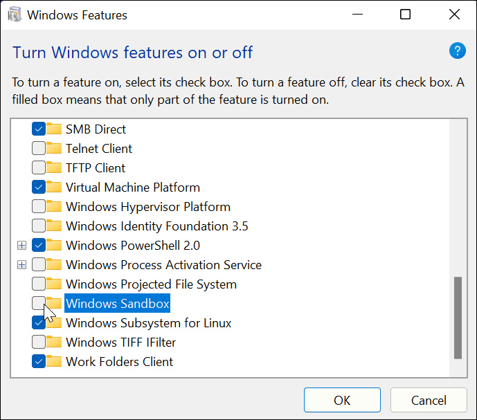 Törölje a Windows Sandbox jelölését