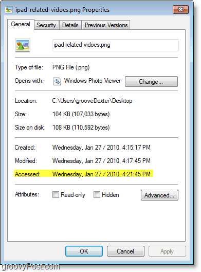 Windows 7 képernyőképe - a hozzáférés dátuma nem frissült túl jól