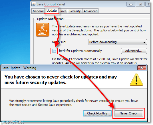 Képernyőkép: Windows 7 Letiltja a Java frissítési ellenőrzéseket