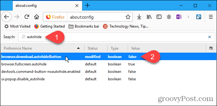 Kattintson duplán az autohideButton konfigurációs beállítására a Firefoxban