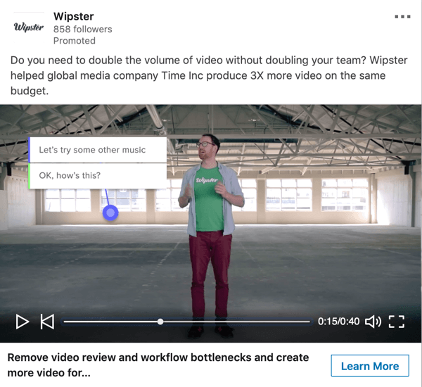 Hogyan készítsünk LinkedIn objektum-alapú hirdetéseket, Wipster által szponzorált videohirdetési mintát