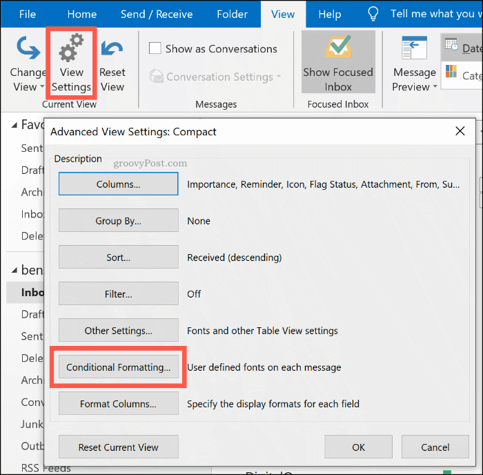 A Feltételes formázási beállítások gomb a Microsoft Outlookban