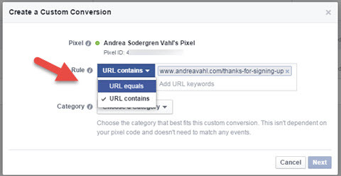 facebook egyéni konverziók URL szabálya