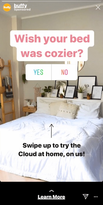 példa az Instagram Stories hirdetésre interaktív szavazással, és csúsztassa felfelé a linket