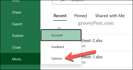 Excel Fájlbeállítások menü