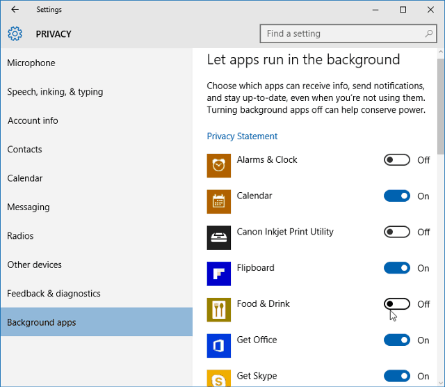 Kapcsolja ki a Háttér alkalmazásokat a Windows 10 rendszerben