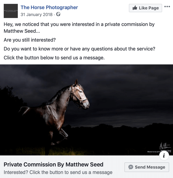 Hogyan konvertálhatjuk a webhely látogatóit a Facebook Messenger hirdetésekkel, 3. lépés, tegyük fel a példát: The Horse Photographer