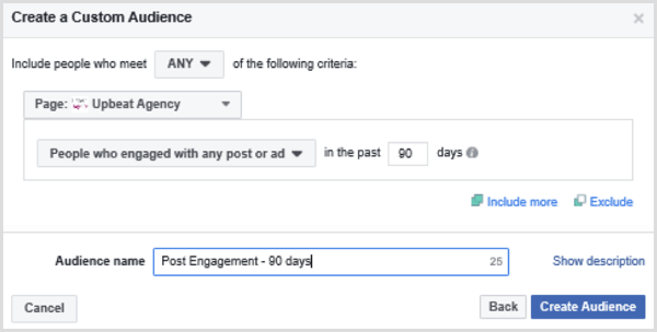 Válassza ki a Facebook egyéni közönség beállításának lehetőségeit azok alapján, akik az elmúlt 90 napban bármilyen bejegyzéssel vagy hirdetéssel foglalkoztak