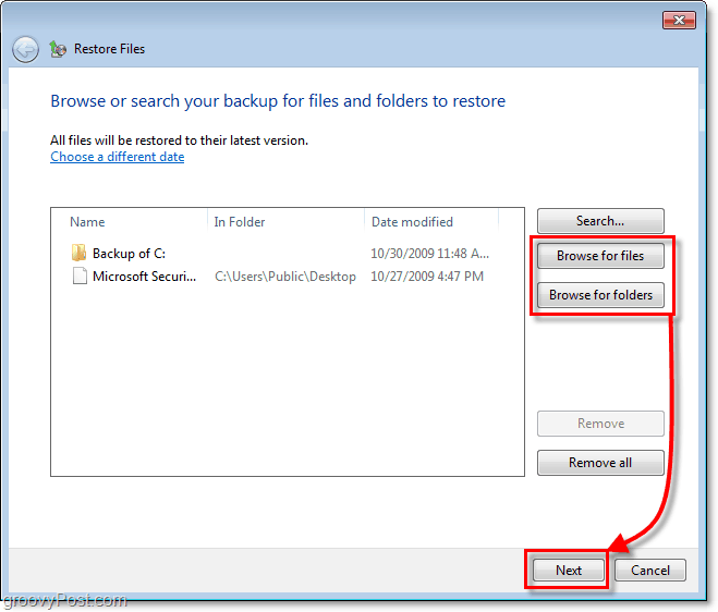 Windows 7 biztonsági másolat - válassza ki, mely fájlokat vagy mappákat szeretné visszaállítani