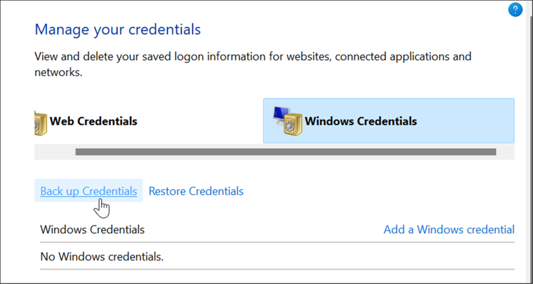 biztonsági mentés hitelesítési adatkezelő használata a Windows 11 rendszeren