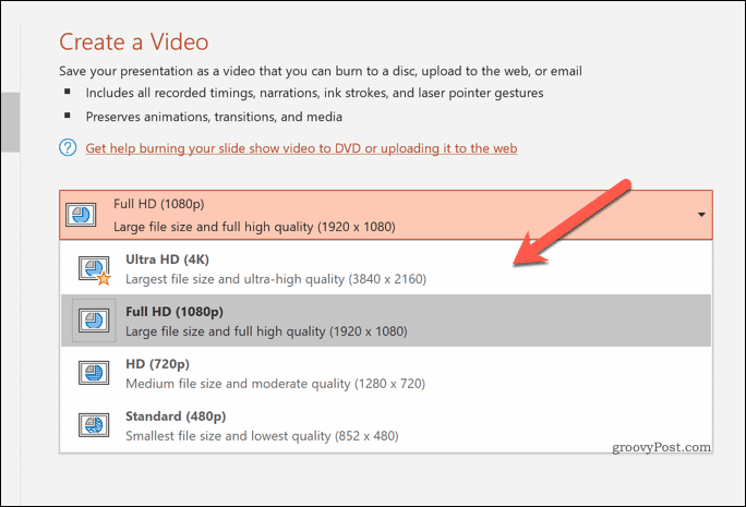 Az exportált videók minőségének meghatározása a PowerPointban