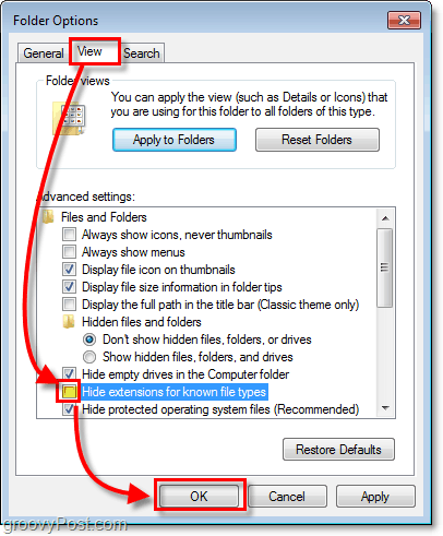 a Windows 7 mappabeállítások párbeszédpanelen kattintson a Nézet fülre, majd törölje az ismert fájltípusok elrejtésének jelölését